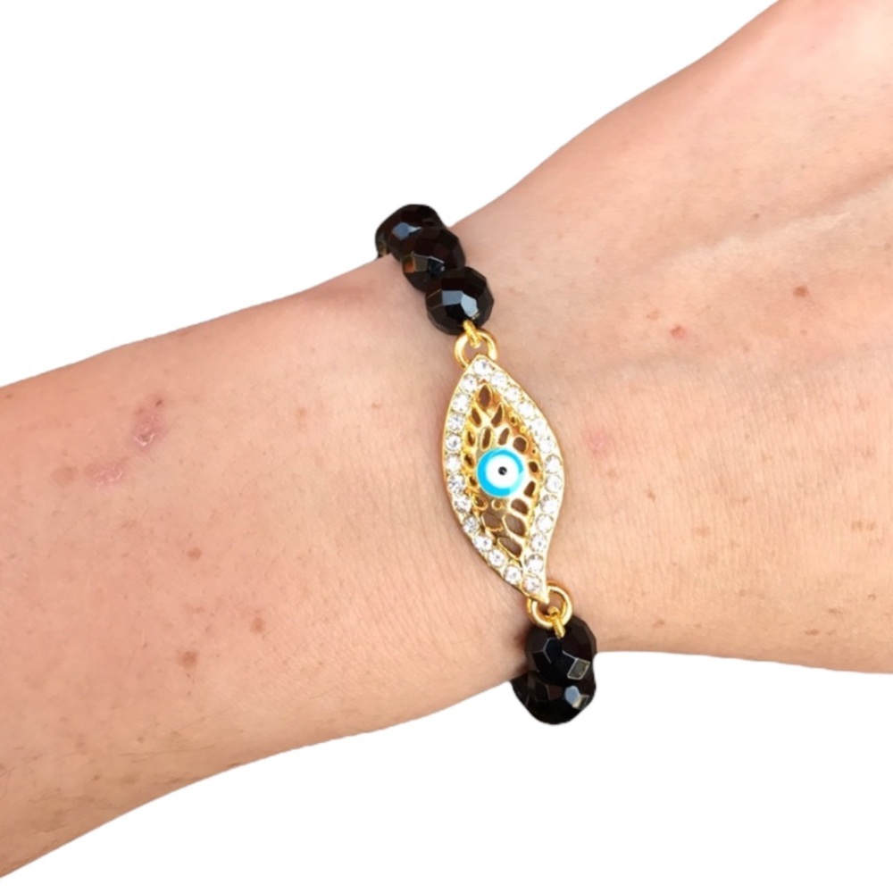 Evil Eye black agate beaded stretch bracelet - Picture 6 of 14